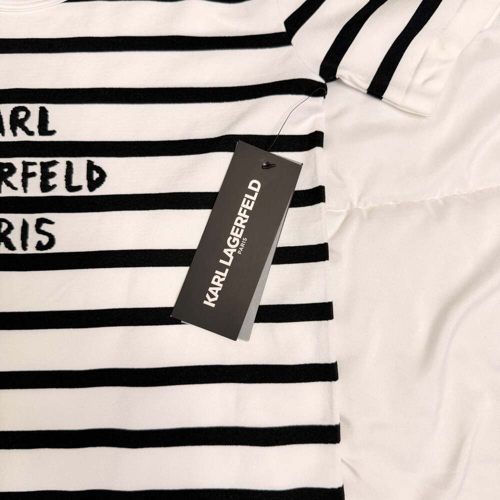Karl Lagerfeld Paris Striped Logo Top NWT Size L Black White Knit Tee - Picture 7 of 7
